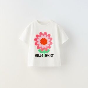 NWT Zara 9-12m crocheted flower short sleeve shirt top hello sunset text cotton